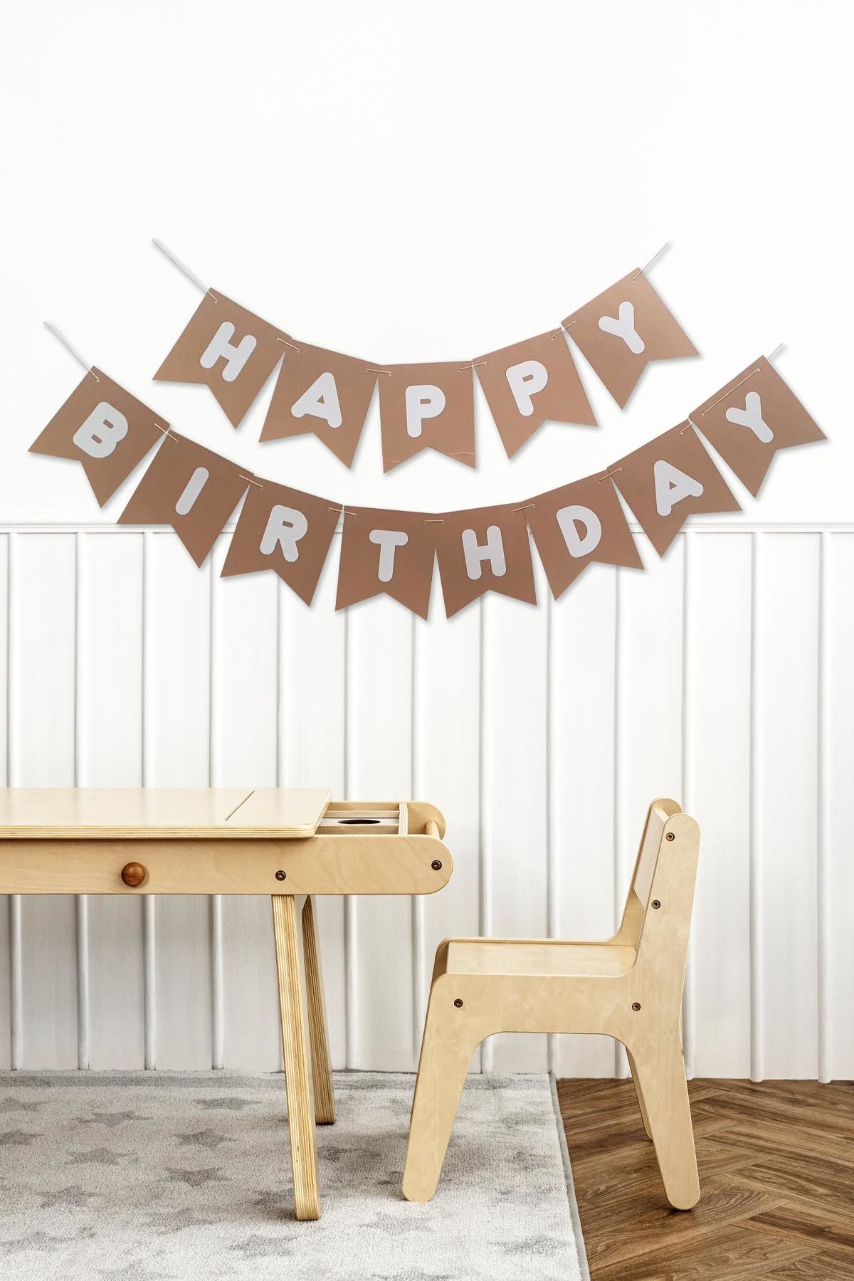 Happy Birthday Banner Kraft Üzeri Beyaz Yazı Retro Doğum Günü