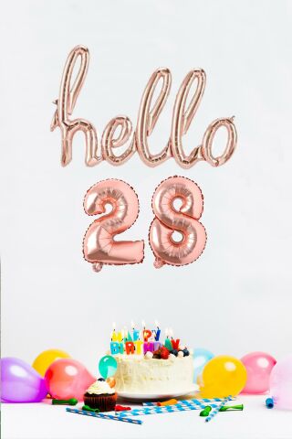 28 Yaş Doğum Günü Balonları - Hello 28 El Yazısı Rose Gold Renk Folyo Balon