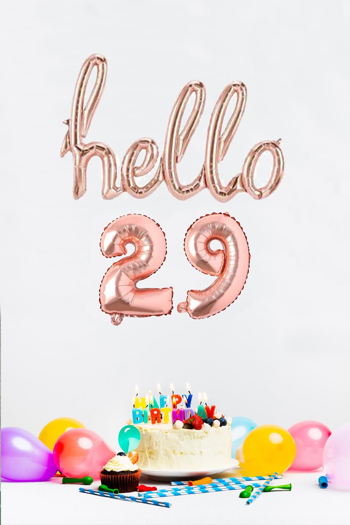 29 Yaş Doğum Günü Balonları - Hello 29 El Yazısı Rose Gold Renk Folyo Balon