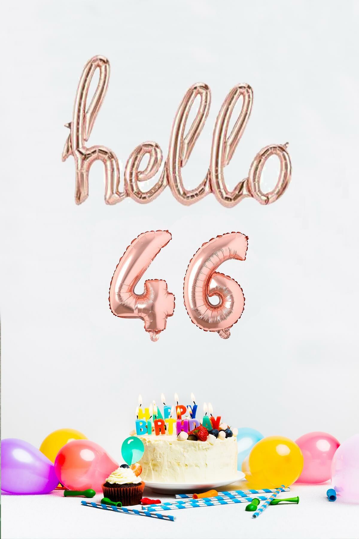 46 Yaş Doğum Günü Balonları - Hello 46 El Yazısı Rose Gold Renk Folyo Balon