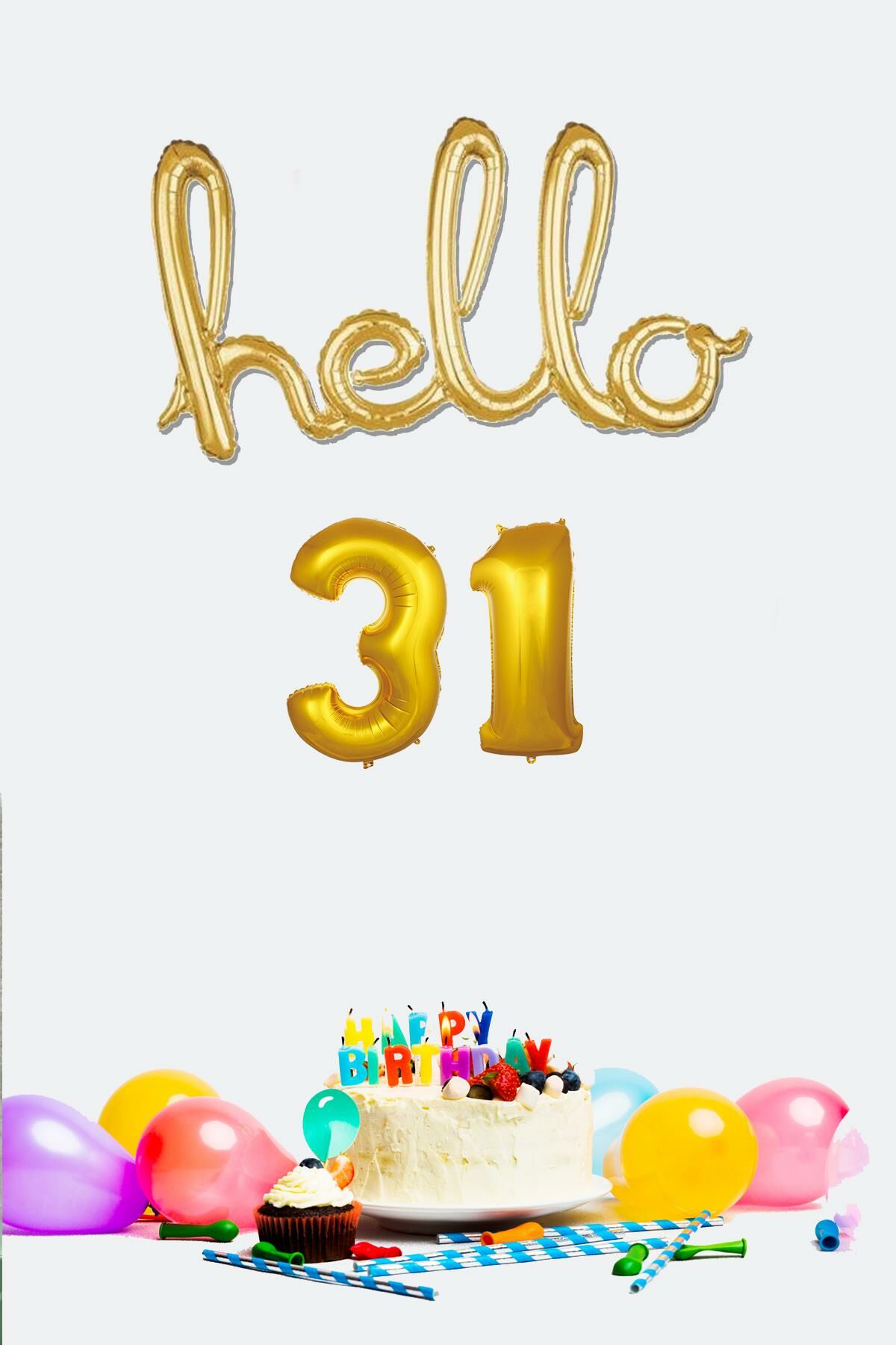 31 Yaş Doğum Günü Balonları - Hello 31 El Yazısı Gold Renk Folyo Balon