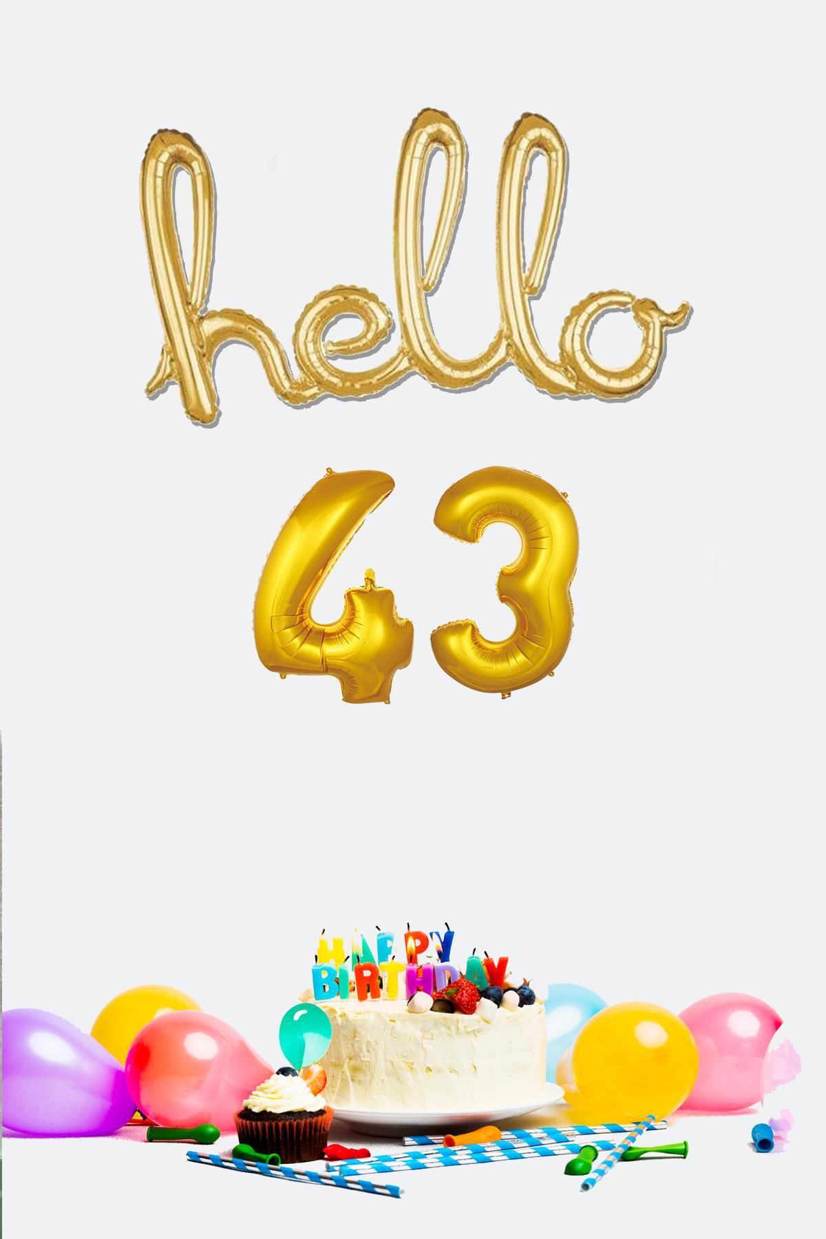 43 Yaş Doğum Günü Balonları - Hello 43 El Yazısı Gold Renk Folyo Balon