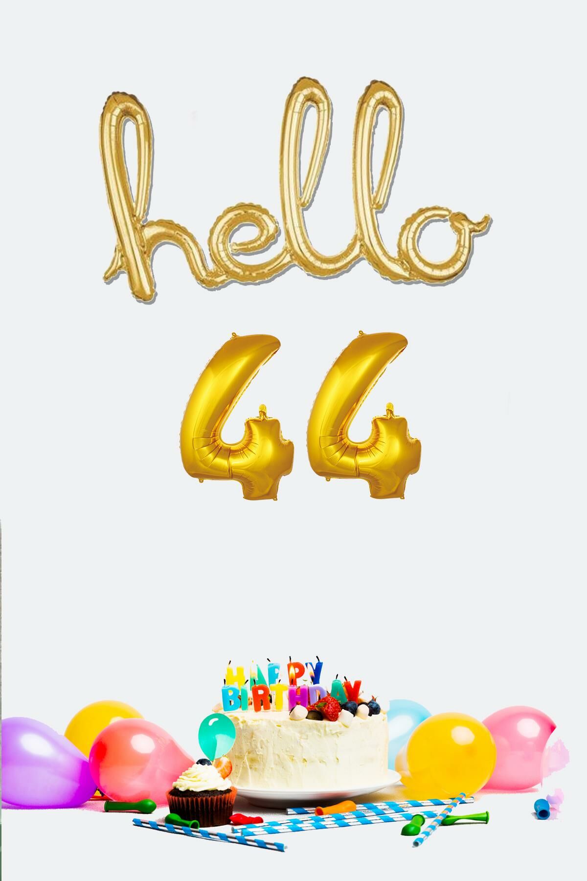 44 Yaş Doğum Günü Balonları - Hello 44 El Yazısı Gold Renk Folyo Balon