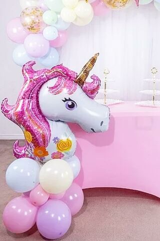 Pembe Unicorn Çiçekli Büyük Folyo Balon 42inç Doğum Günü Balonu