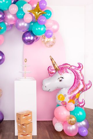 Pembe Unicorn Çiçekli Büyük Folyo Balon 42inç Doğum Günü Balonu