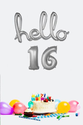 16 Yaş Doğum Günü Balonları - Hello 16 El Yazısı Gümüş Renk Folyo Balon