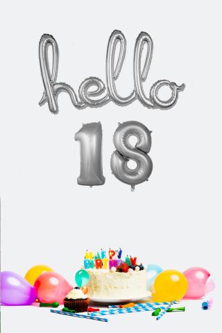 18 Yaş Doğum Günü Balonları - Hello 18 El Yazısı Gümüş Renk Folyo Balon