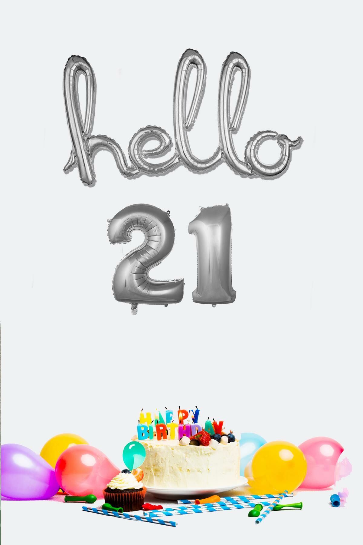 21 Yaş Doğum Günü Balonları - Hello 21 El Yazısı Gümüş Renk Folyo Balon