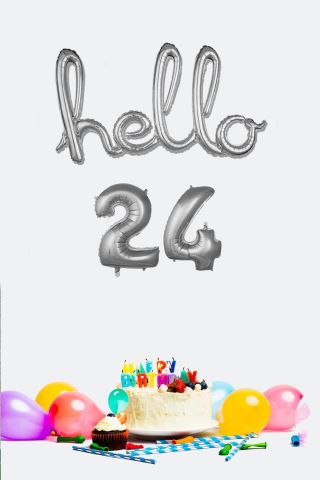24 Yaş Doğum Günü Balonları - Hello 24 El Yazısı Gümüş Renk Folyo Balon