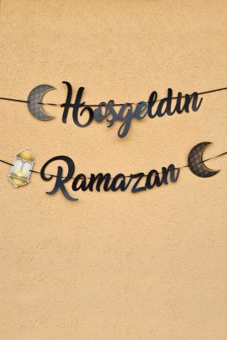 Hoşgeldin Ramazan Lacivert Kaligrafi Banner İpe Dizili Ramazan Süsü