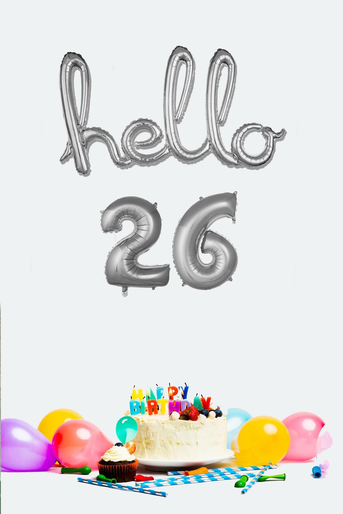 26 Yaş Doğum Günü Balonları - Hello 26 El Yazısı Gümüş Renk Folyo Balon
