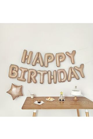 Krem Karamel Happy Birthday Harf Balonlar Retro Doğum Günü Balon Seti