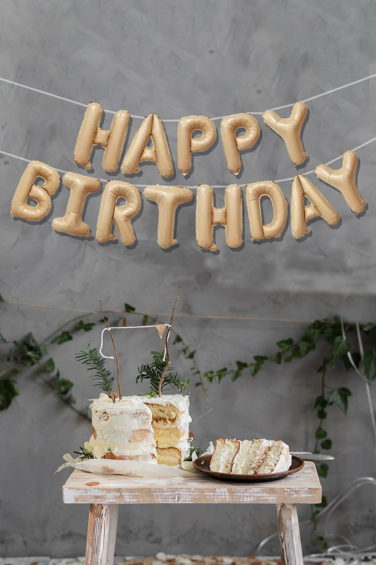 Krem Karamel Happy Birthday Harf Balonlar Retro Doğum Günü Balon Seti