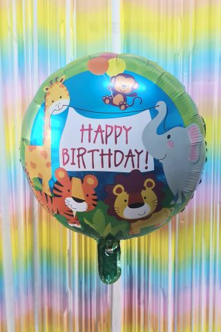 Yuvarlak Safari Temalı Folyo Balon Happy Birthday Yazılı Safari Konsept Doğum Günü Balonu 45cm