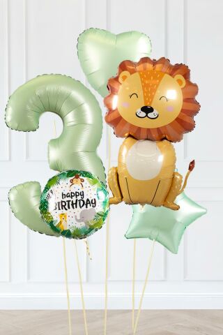 Safari Tema Doğum Günü Yaş Balonlu Retro Yeşil Safari Balonları Sevimli Aslan Balonlu Set