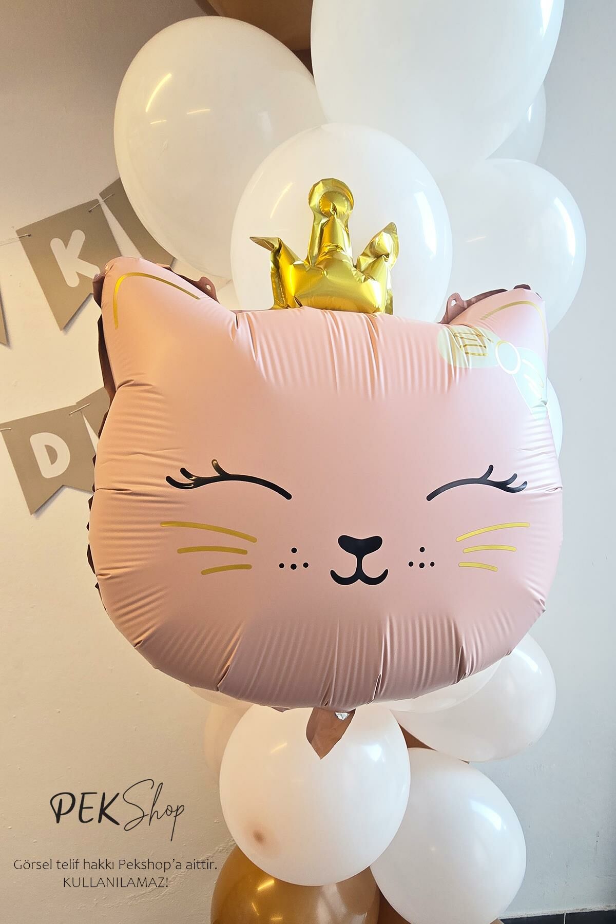 Gold Taçlı Pembe Kedi Folyo Balon