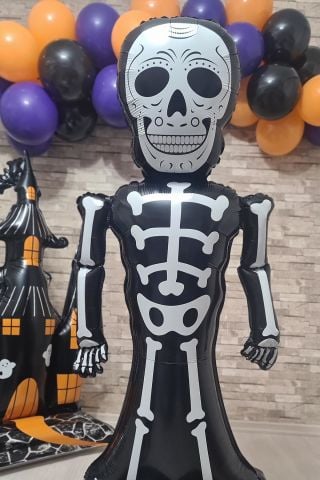 Ayaklı Siyah İskelet Folyo Balon Cadılar Bayramı Halloween Süsleri Dev İskelet Folyo Balon