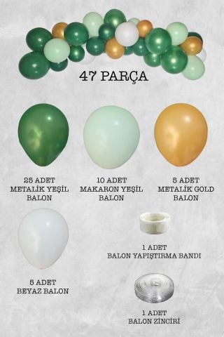 Yeşil Gold Konsept Balon Zinciri 47 Parça