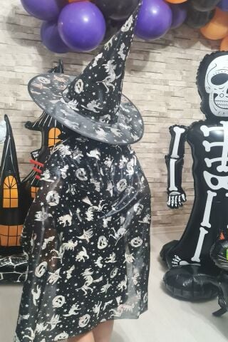 Cadılar Bayramı Pelerin Şapka Takımı Lüks Siyah Üzeri GÜMÜŞ Baskılı Halloween Pelerin Çocuk Kostüm