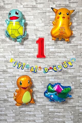 Pokemon Temalı Doğum Günü Parti Seti Pakemon Figürleri Balonlu Yaş Doğum Günü Rakam Balonlu Set