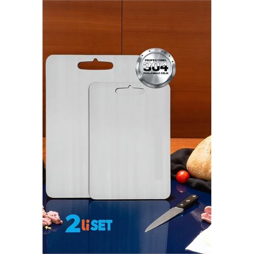 Modacar Kesim Tahtası - Profesyonel 304 Paslanmaz Çelik Doğrama Tahtası 2 Lİ SET