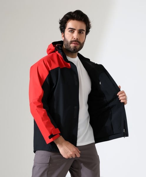 Erkek Outdoor Teknik Ceket Yağmurluk Siyah Kırmızı