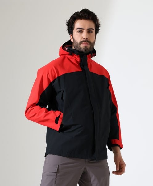 Erkek Outdoor Teknik Ceket Yağmurluk Siyah Kırmızı