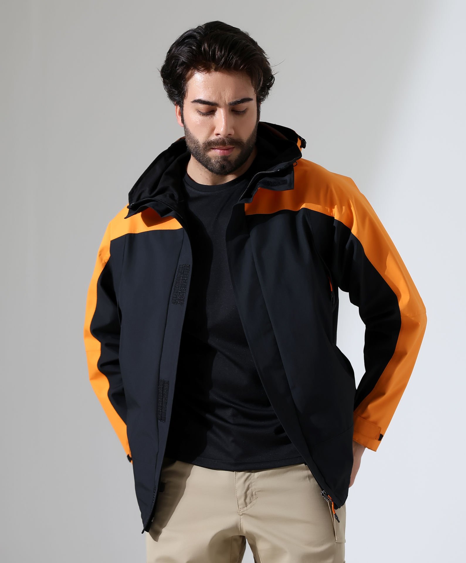 Erkek Outdoor Teknik Ceket Yağmurluk Siyah Turuncu