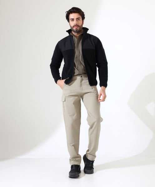 Erkek Outdoor Fermuarlı Polar Siyah - Omuz Softshell Takviyeli Hibrit