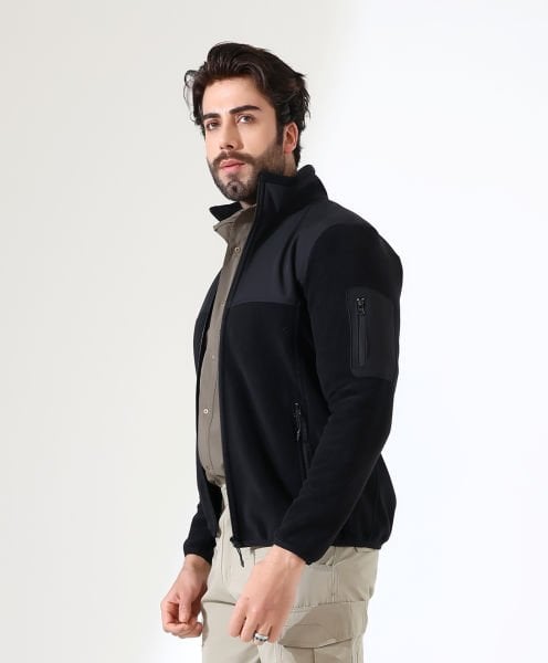 Erkek Outdoor Fermuarlı Polar Siyah
