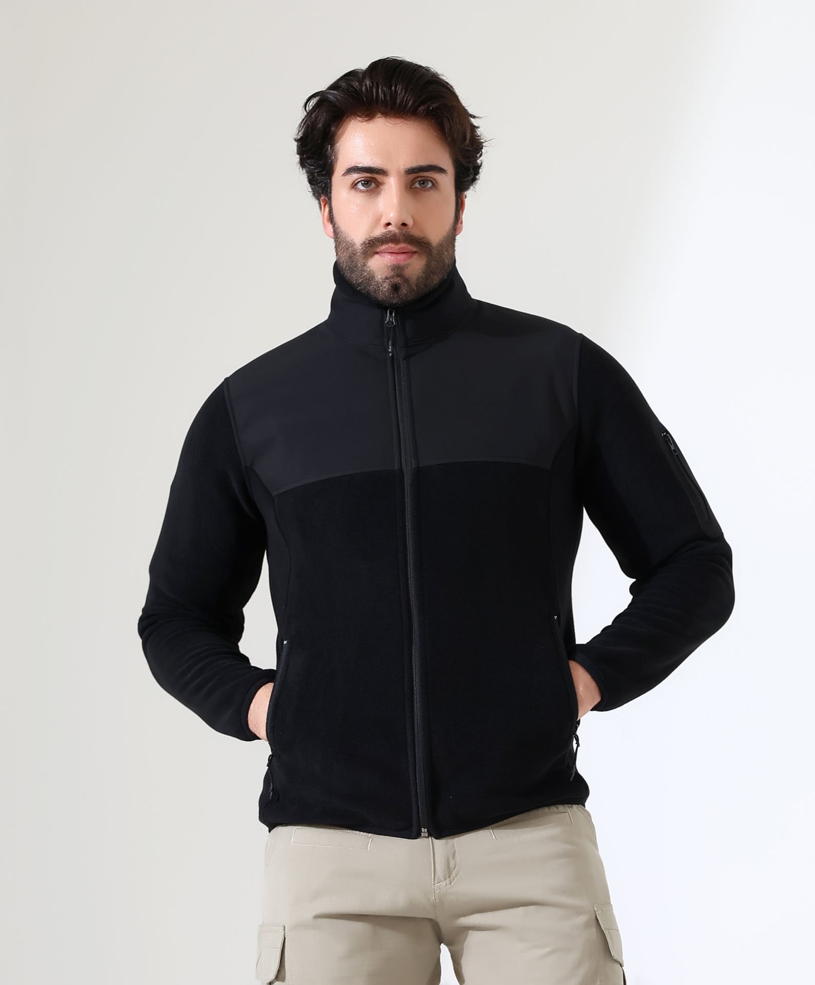 Erkek Outdoor Fermuarlı Polar Siyah - Omuz Softshell Takviyeli Hibrit