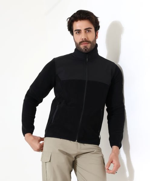 Erkek Outdoor Fermuarlı Polar Siyah - Omuz Softshell Takviyeli Hibrit