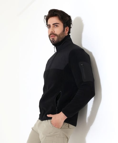 Erkek Outdoor Fermuarlı Polar Siyah - Omuz Softshell Takviyeli Hibrit
