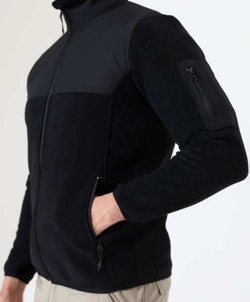 Erkek Outdoor Fermuarlı Polar Siyah - Omuz Softshell Takviyeli Hibrit