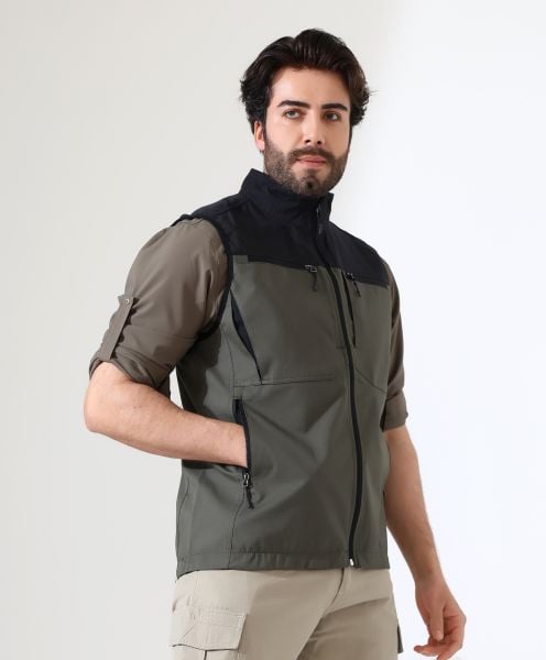 Erkek Outdoor Taktik Kumaş Yelek Haki-Siyah