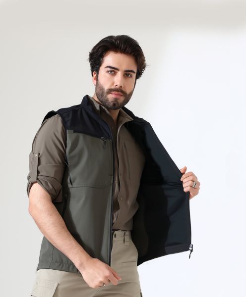 Erkek Outdoor Taktik Kumaş Yelek Haki-Siyah