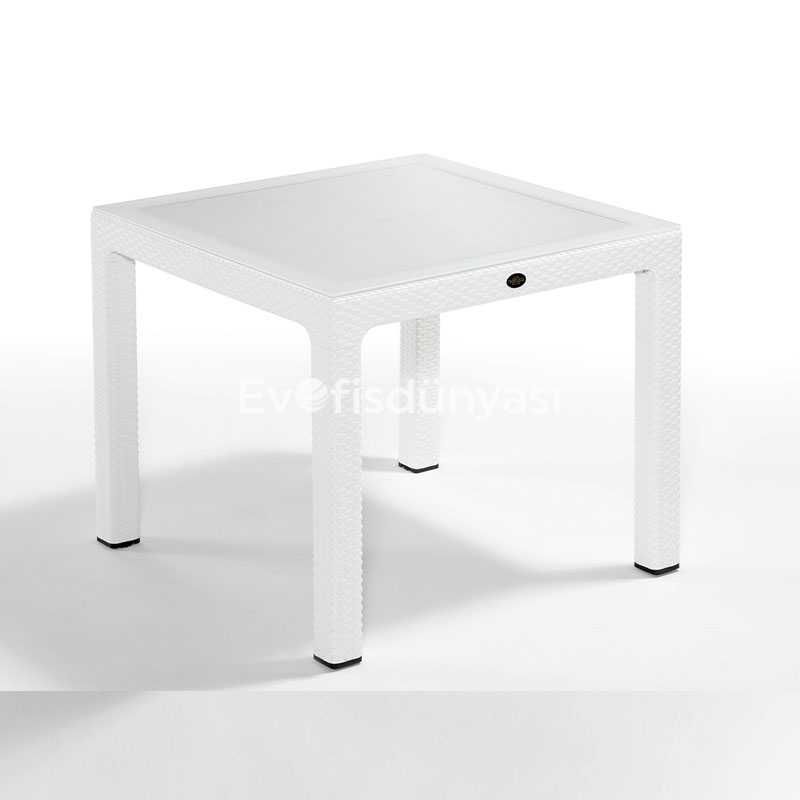 90×90 Camlı PP Rattan Görünümlü Masa Beyaz