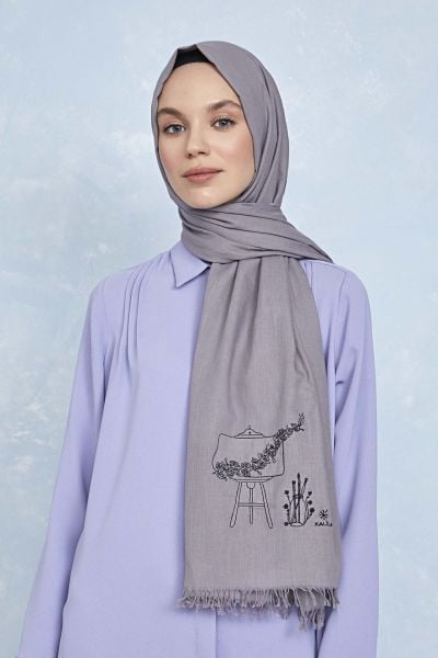 Outlet Düş Peşine Sanat %100 Pamuk Şal Gri (NAKIŞLI)