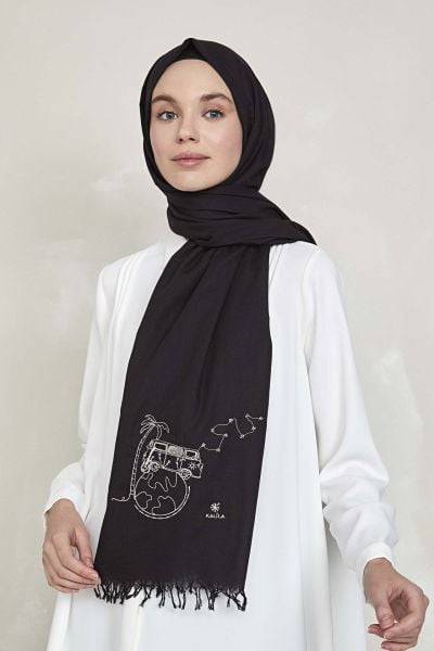 Outlet Düş Peşine Seyahat %100 Pamuk Şal Siyah (NAKIŞLI)