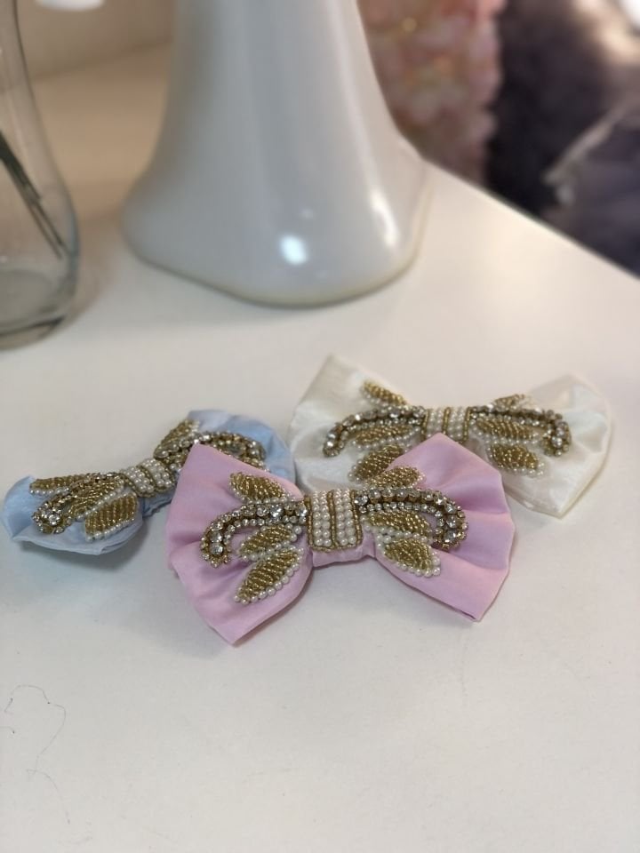 Pink Cream Blue Rhine stone Bow 5 Inc