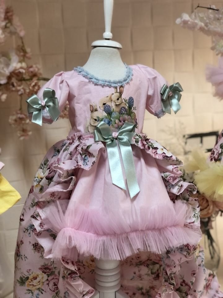 Easter Pink Flower Dress Long Train