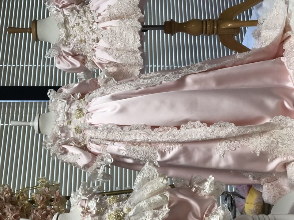 Pink pearl Gown And Bonnet