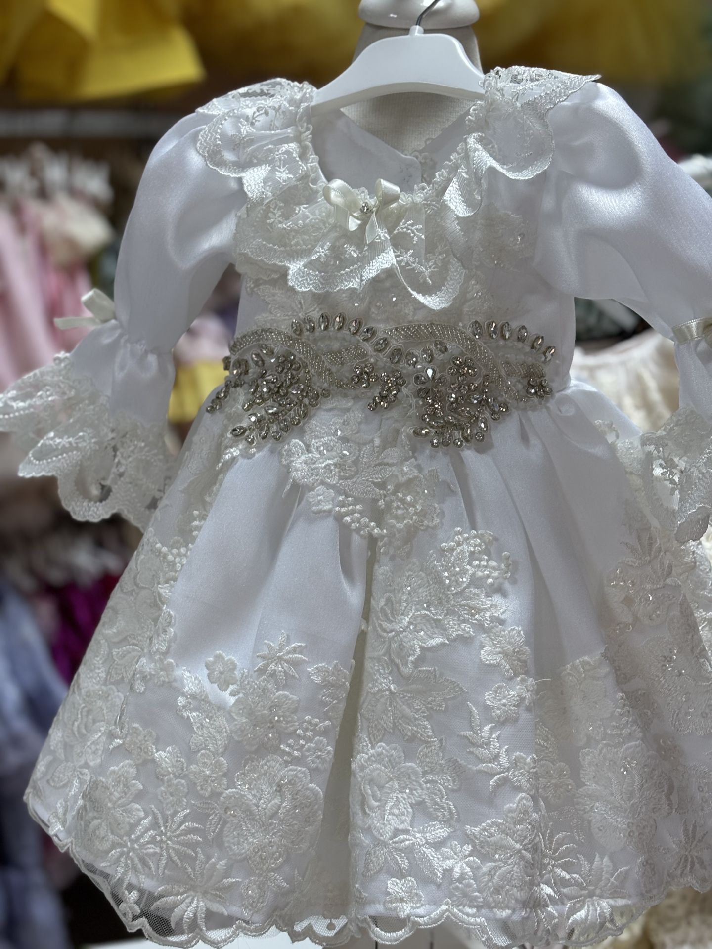 White silk fabric dress and bonnet