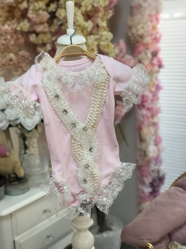 Pink lace  and applique cotton snap bodysuit