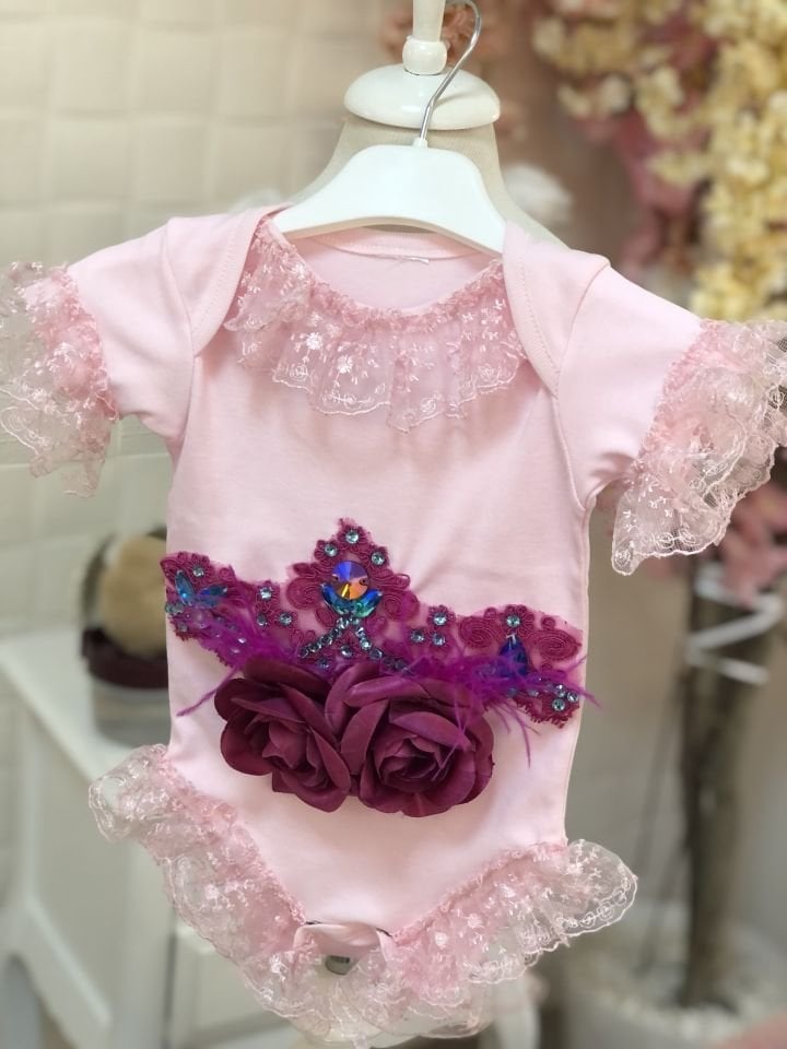 Pink lace  and applique cotton snap bodysuit