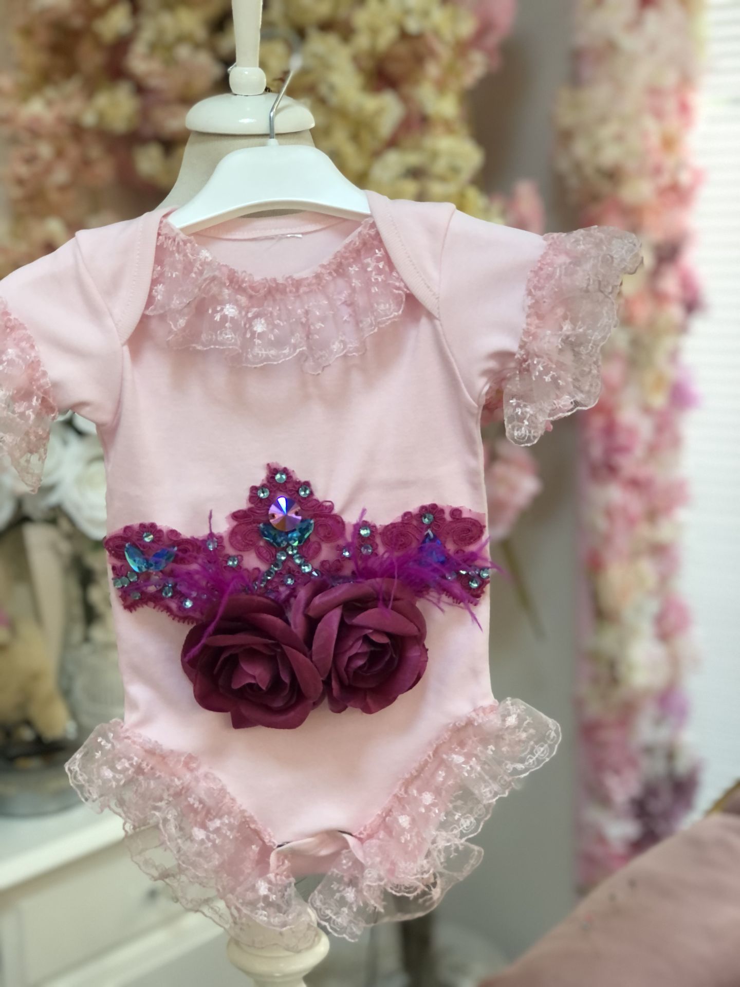 Pink lace  and applique cotton snap bodysuit