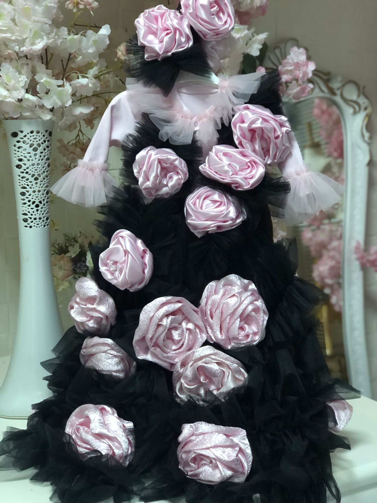 Pink Black Baby Gown And Hat