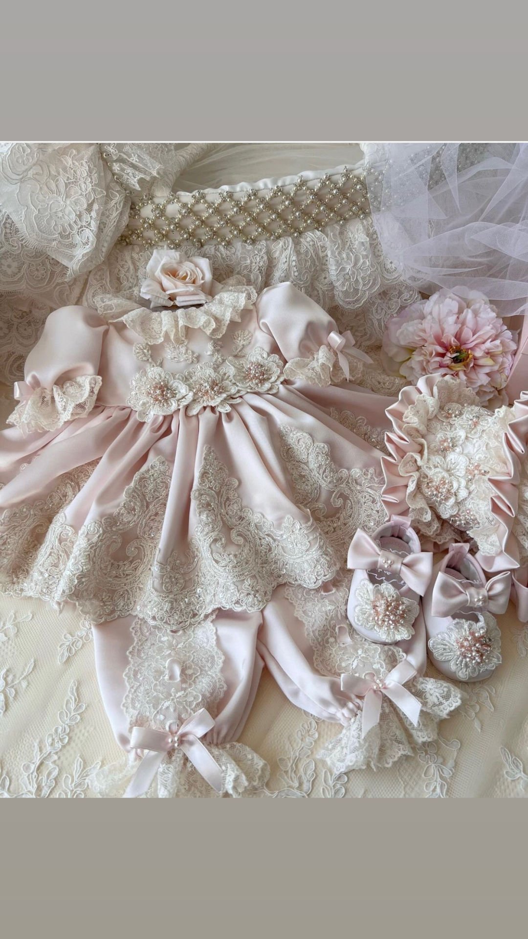 Pink Lace Jumpsuıt Dress Bonnet And Shoes