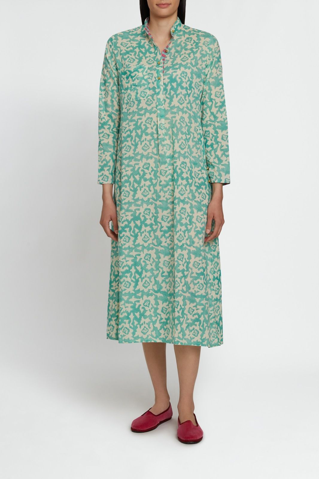 LONG KURTA Arabesque Design Natural Turquoise