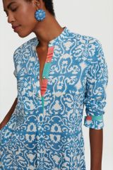 Short Kurta Damask Design White Blue